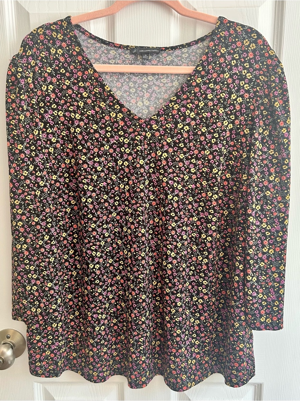 Adrianna Papell Black Floral V-Neck Tunic with Pink & Yellow Ditsy Print
